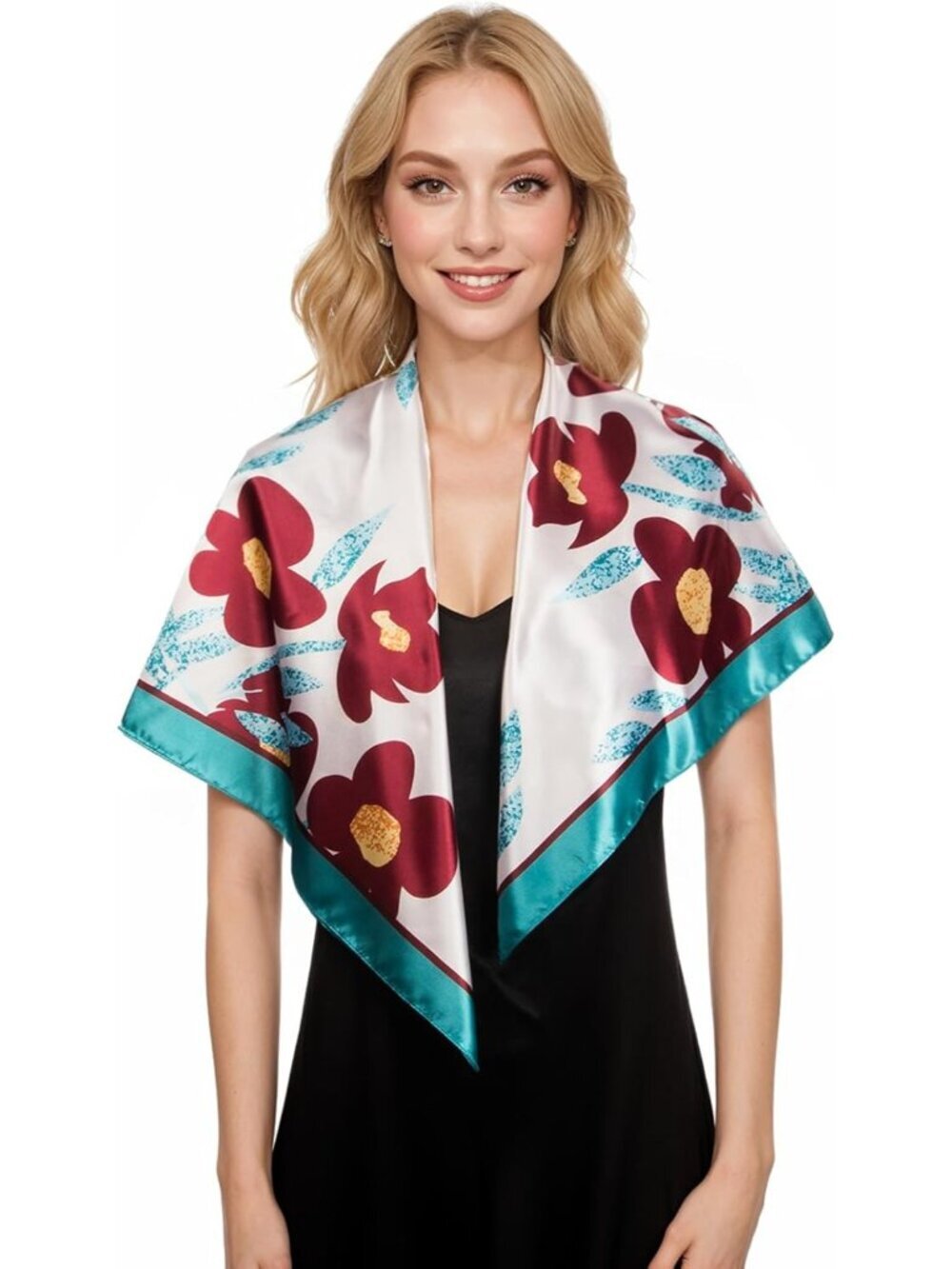 Women's Turquoise Red Printed Square Scarf Bandanas Hair Scarf 35 Inches - Picture 4 of 6